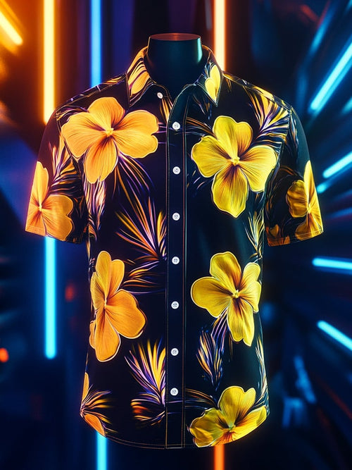 Men's Business Casual Floral Lapel Short Sleeve Shirt