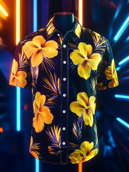 Men's Business Casual Floral Lapel Short Sleeve Shirt