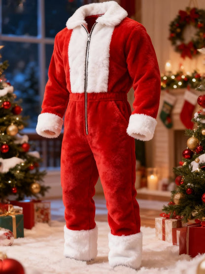 Men's Christmas Plush Warm Color-Blocked Jumpsuit