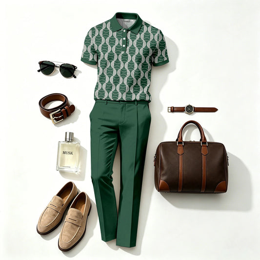Men's Casual Dark Green Printed Polo Shirt And Pants Two-Piece Set