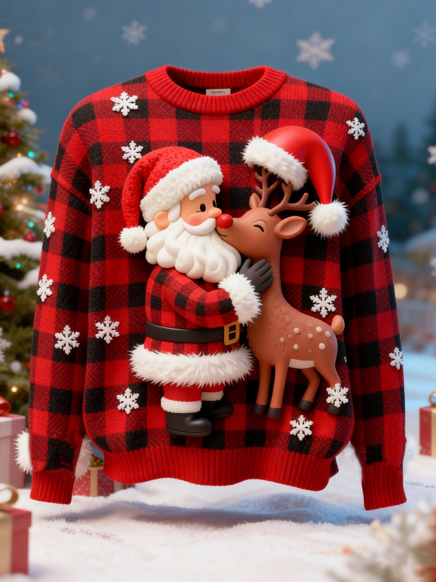 Men's Cartoon Print Ugly Christmas Santa Rudolph Reindeer Pullover Sweater