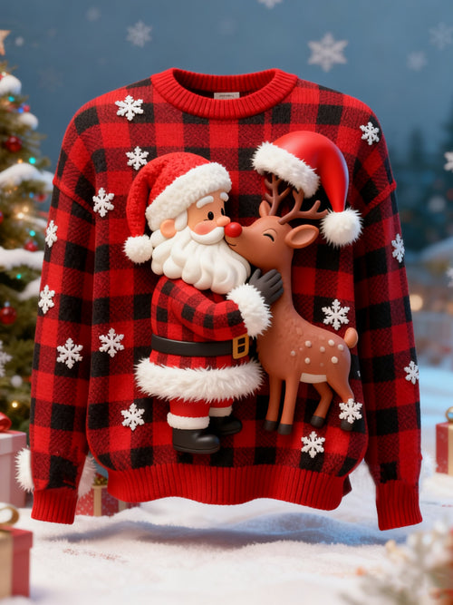 Men's Cartoon Print Ugly Christmas Santa Rudolph Reindeer Pullover Sweater