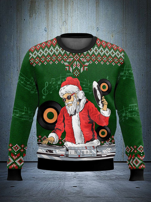 Funny and ugly Santa Claus sweatshirt playing music