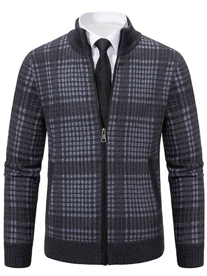 Men's Fashionable Plaid Design Warm Zipper Sweater Jacket