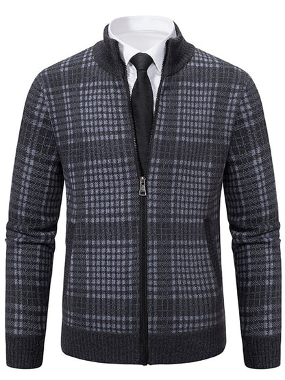 Men's Fashionable Plaid Design Warm Zipper Sweater Jacket