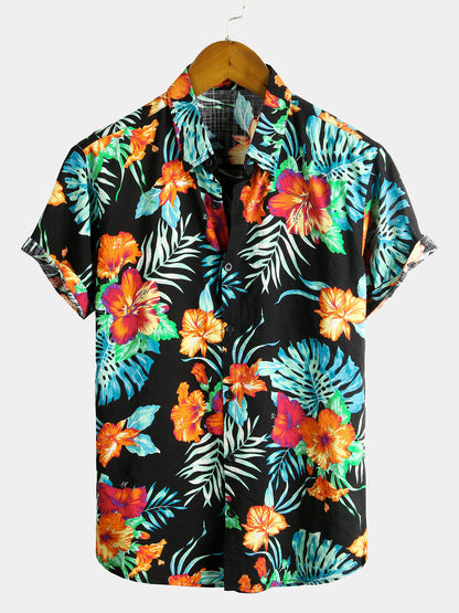 Men's Flower Tropical Hawaii Cotton Short Sleeve Shirt