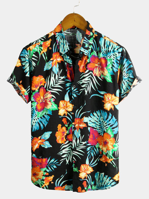 Men's Flower Tropical Hawaii Cotton Short Sleeve Shirt