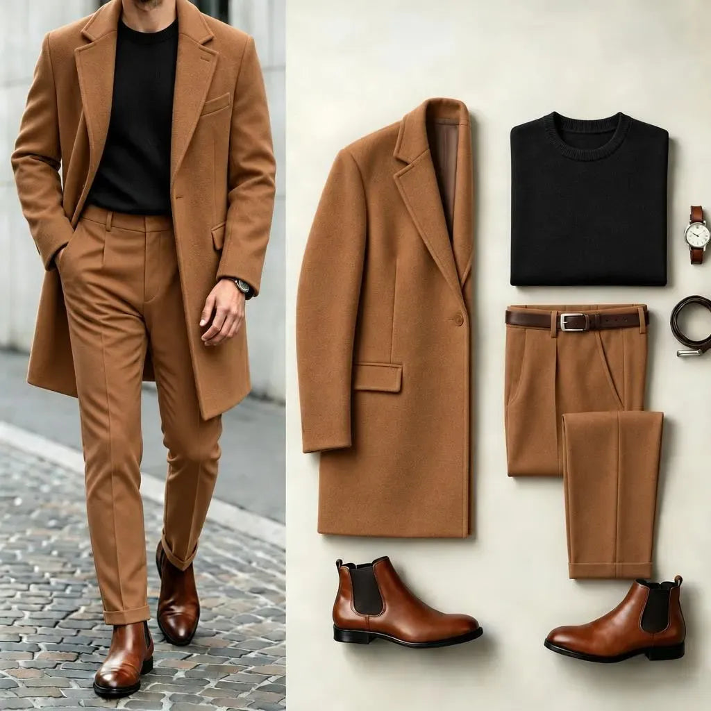 Men's Two-Tone Suit Set: Brown Coat, Black Knit Sweater, and Brown Slacks