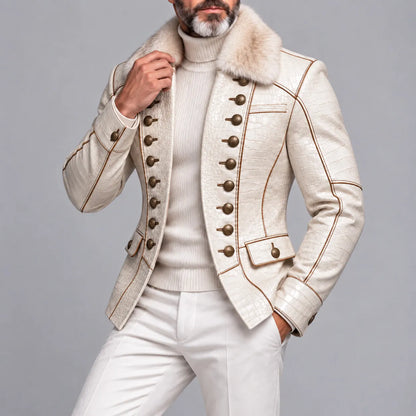Men's Beige Crocodile Texture PU Leather Contrast Piping Fuzzy Collar Double Breasted Jacket