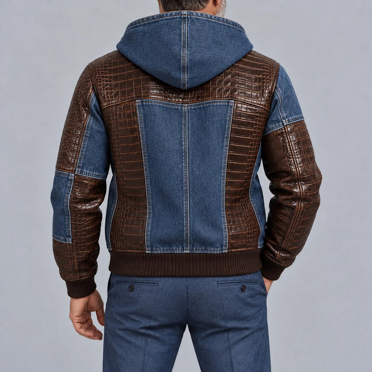 Men's Vintage Denim PU Leather Patchwork Hooded Zipper Bomber Jacket