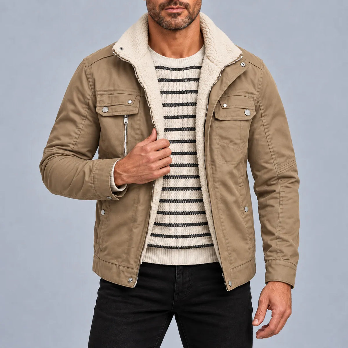 Men's Army Green Turndown Collar Multi-Pocket Sherpa Lined Zipper Jacket