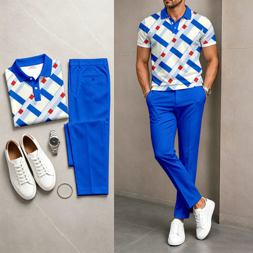 Men's Casual Printed Polo Shirt And Pants Two-Piece Set