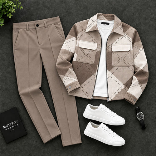 Men's Two-Piece Set: Geometric-Print Lapel Jacket and Pants