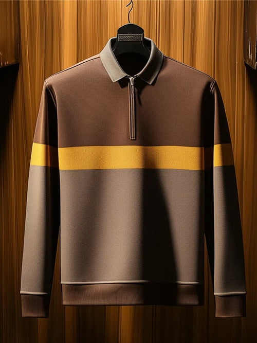 Men's Business Classic Stripe Print Zipper Polo Shirt