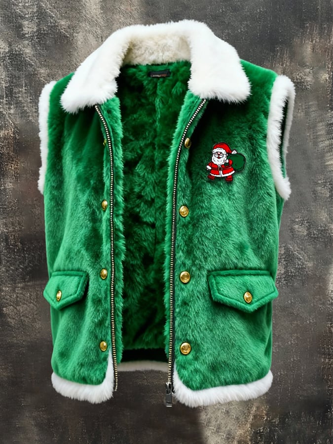 Men's Retro Plush Patchwork Christmas Sleeveless Vest Jacket (with Detachable Brooch Design)