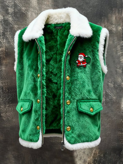 Men's Retro Plush Patchwork Christmas Sleeveless Vest Jacket (with Detachable Brooch Design)