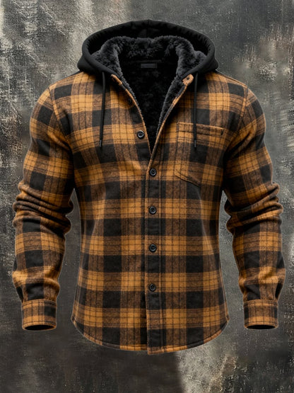 Men's Retro Plaid Warm Lambswool Lined Hooded Long Sleeve Shirt