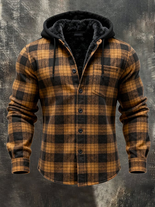 Men's Retro Plaid Warm Lambswool Lined Hooded Long Sleeve Shirt