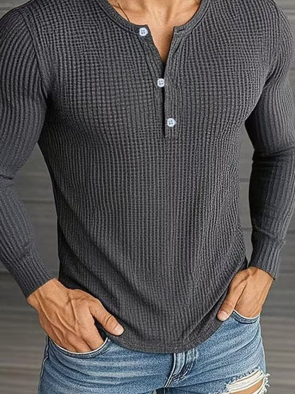 Men's Casual Solid Waffle Long Sleeve Henley