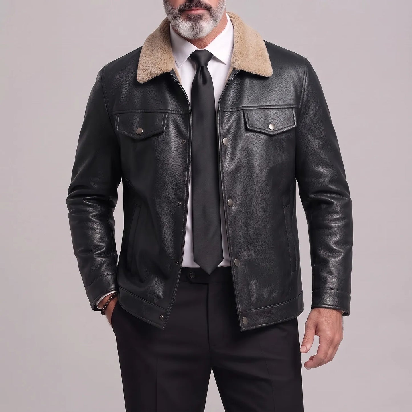 Men's Vintage Fuzzy Turndown Collar Snap Button Zip-Up PU Leather Jacket