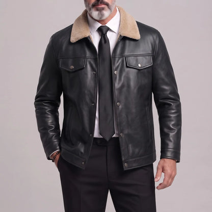 Men's Vintage Fuzzy Turndown Collar Snap Button Zip-Up PU Leather Jacket