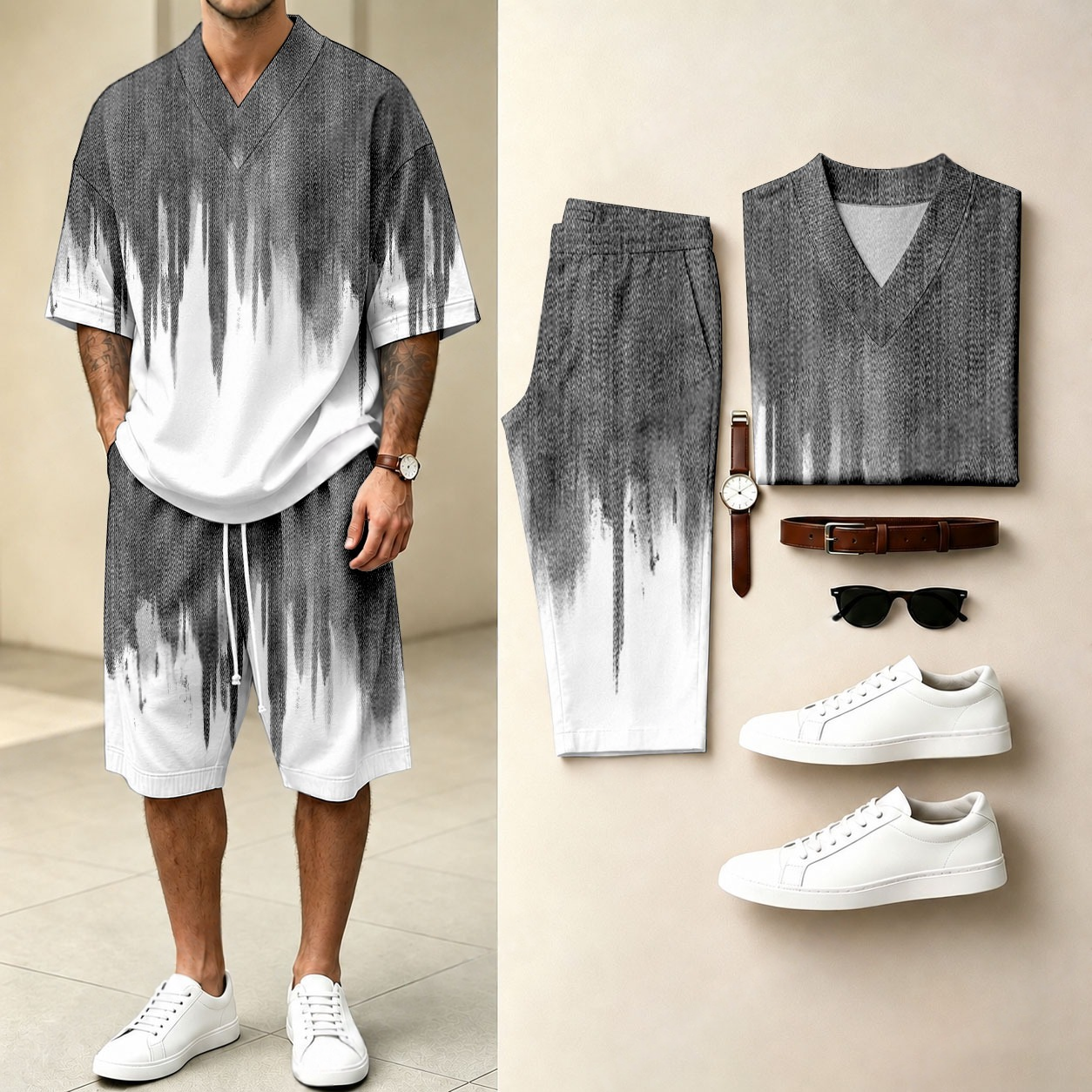 Men's Casual Gradient-Print V-Neck Short-Sleeve T-Shirt And Shorts Two-Piece Set