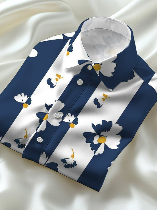 Men's Business Casual Striped Floral Lapel Short Sleeve Shirt