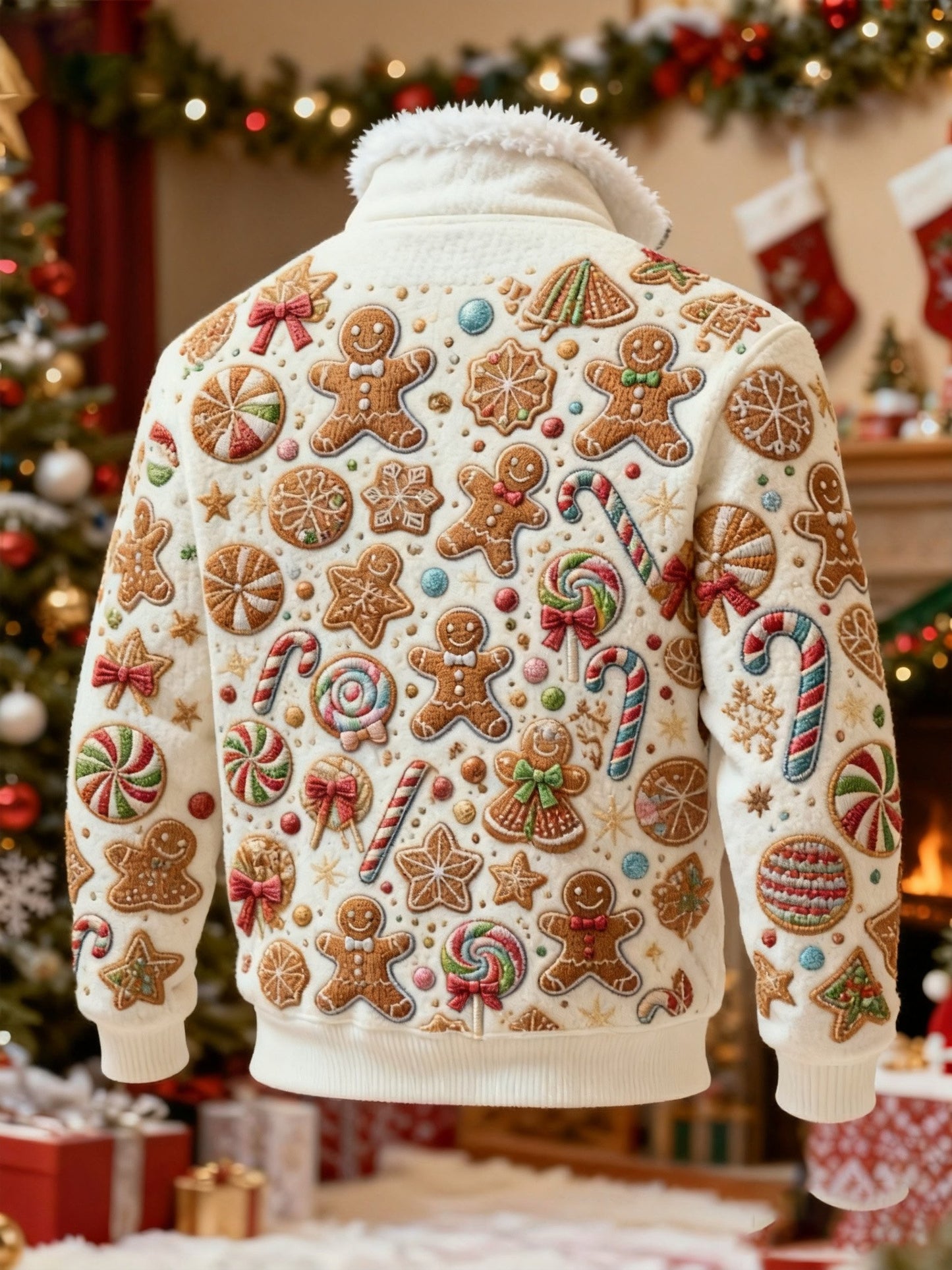 Men's Retro Print Christmas Fur Collar Sweatshirt