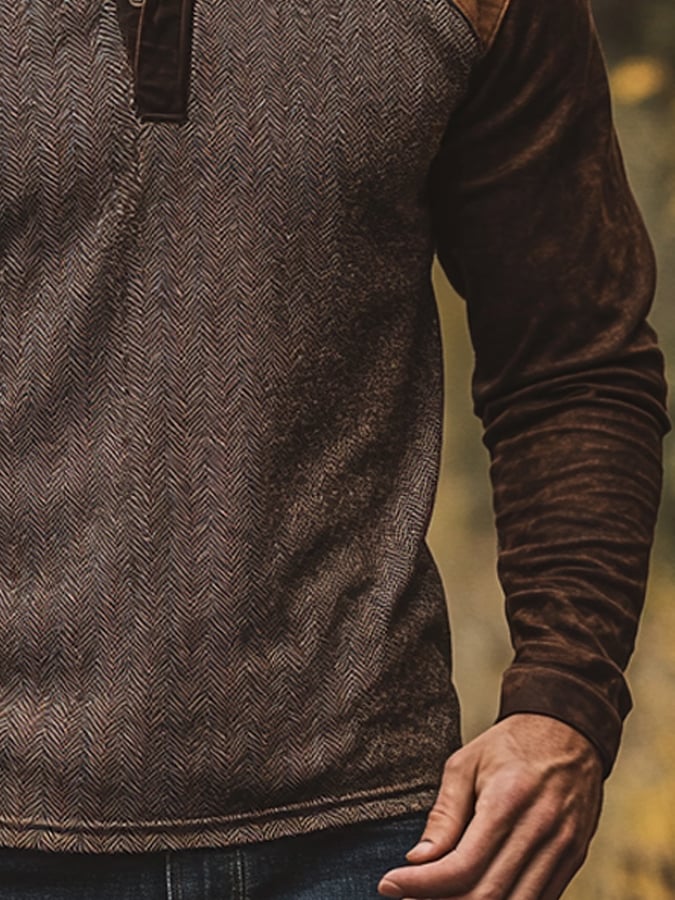 Men's Casual Retro Casual Colorblock Long Sleeve Henley Shirt