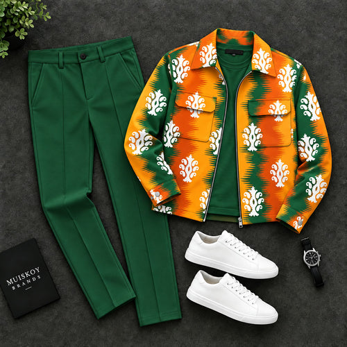 Men's Two-Piece Set: Color-Blocked Lapel Jacket and Pants