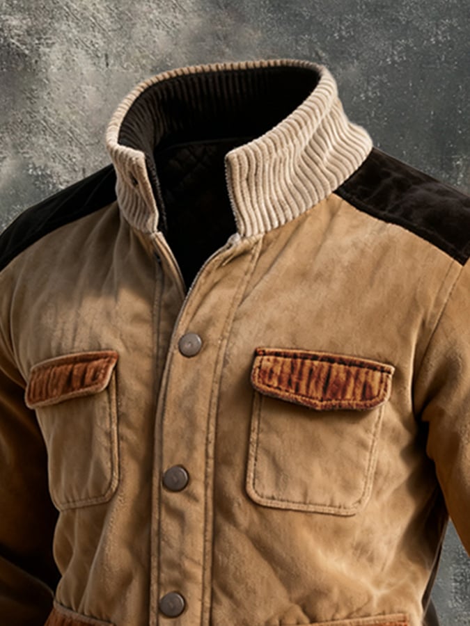Men's Retro Stitching Contrast Color Multi-Pocket Stand Collar Casual Jacket