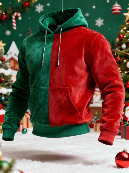 Men's Suede Warm Plush Color-Blocked Christmas Hooded Sweatshirt