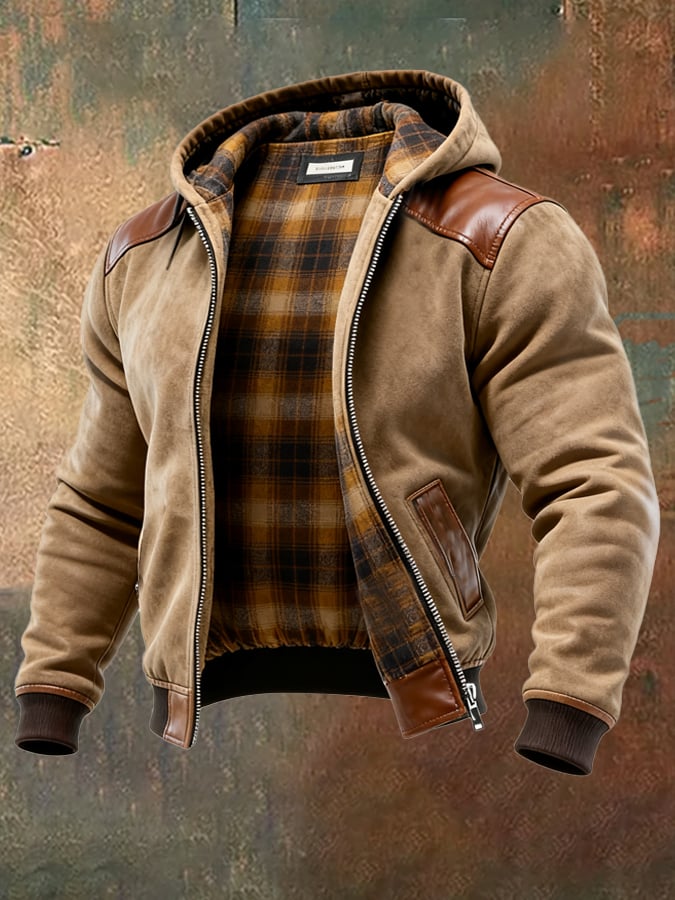 Men's Vintage Suede and Plaid Lining Multi-Pocket Outdoor Jacket