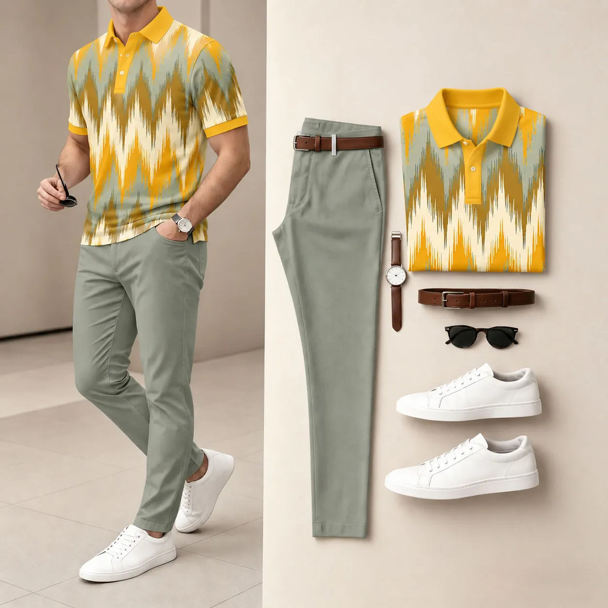Men's Printed Short-Sleeve Polo Shirt and Pants Set