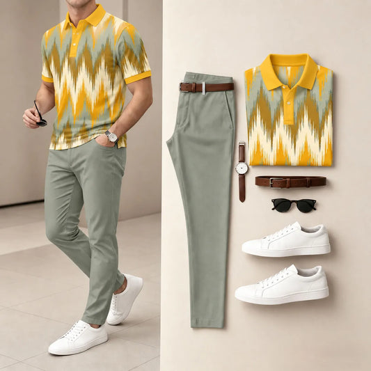 Men's Printed Short-Sleeve Polo Shirt and Pants Set