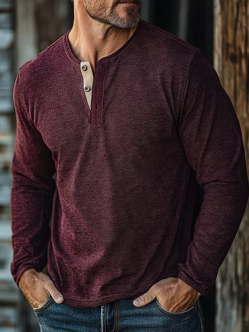 Men's Casual Retro Casual Colorblock Long Sleeve Henley Shirt