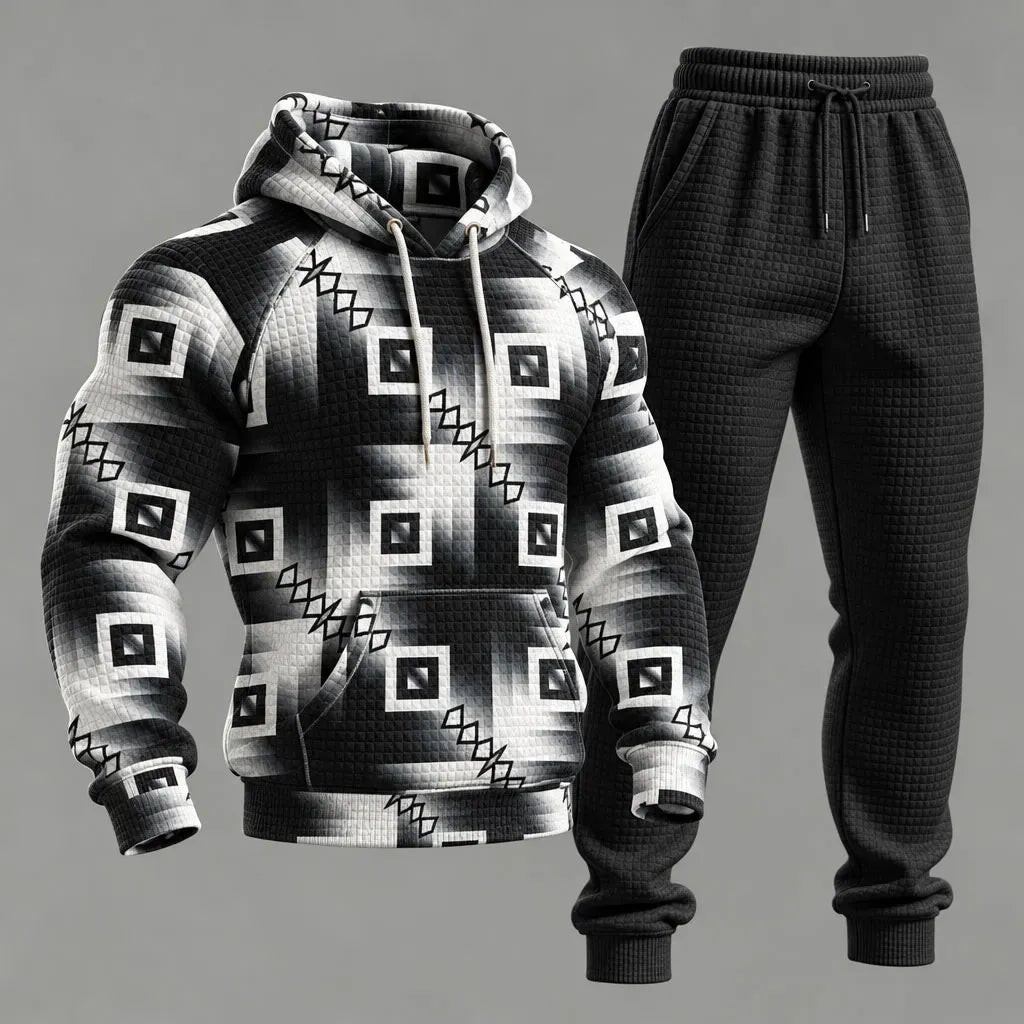 Men's Black White Gradient Geometric Print Hooded Sweatshirt and Sweatpants Set