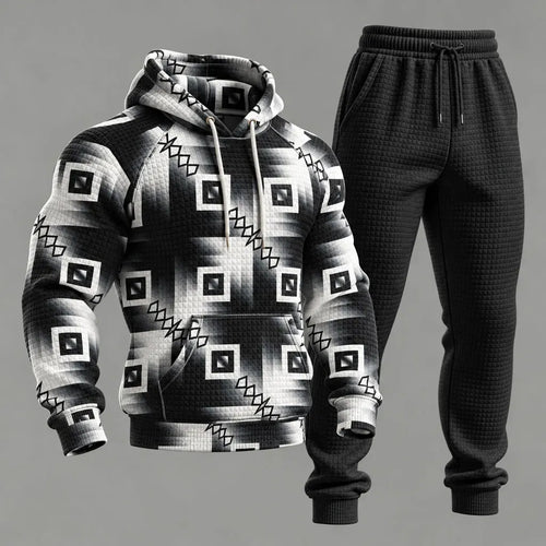 Men's Black White Gradient Geometric Print Hooded Sweatshirt and Sweatpants Set