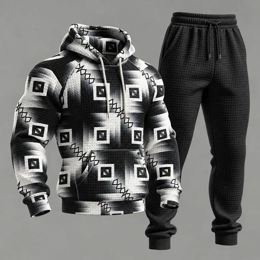 Men's Black White Gradient Geometric Print Hooded Sweatshirt and Sweatpants Set