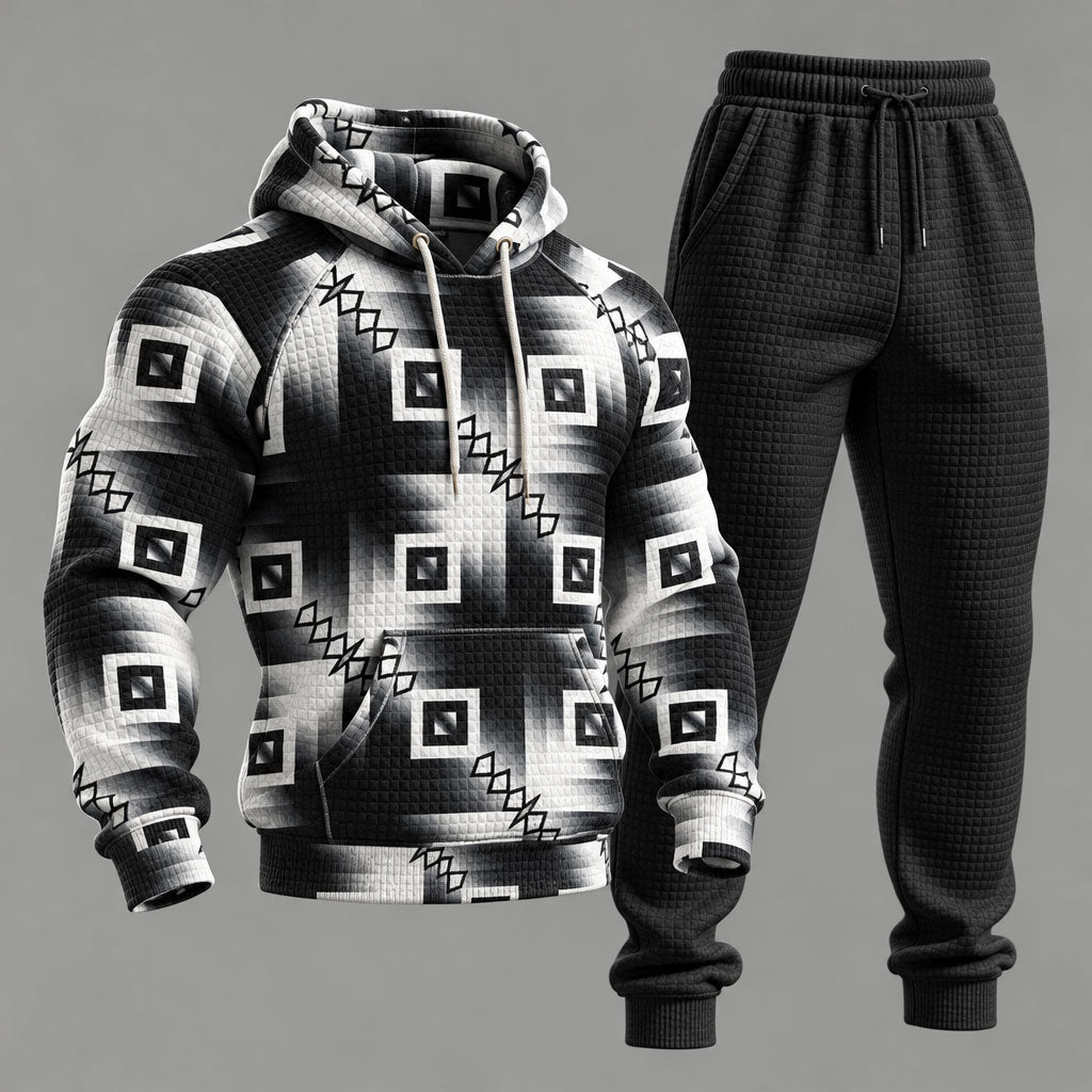 Men's Black White Gradient Geometric Print Hooded Sweatshirt and Sweatpants Set