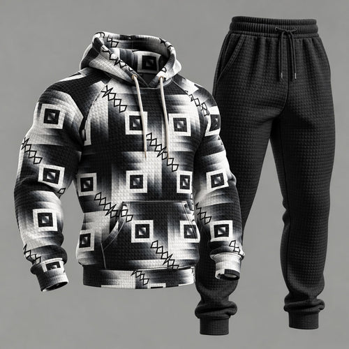Men's Black White Gradient Geometric Print Hooded Sweatshirt and Sweatpants Set