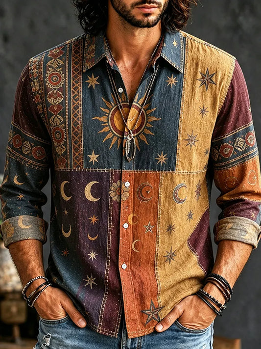 Men's Hippie Sun And Moon Element Patchwork Art Print Long Sleeves Shirt