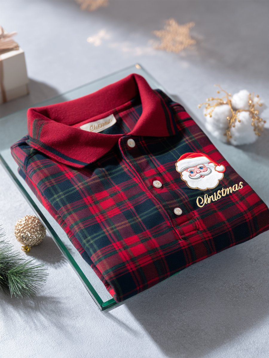 Men's Christmas Plaid Long Sleeve Polo Shirt