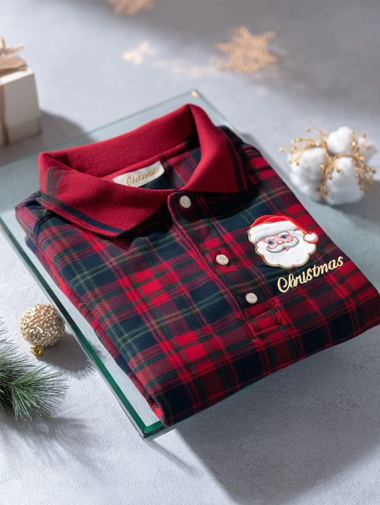Men's Christmas Plaid Long Sleeve Polo Shirt
