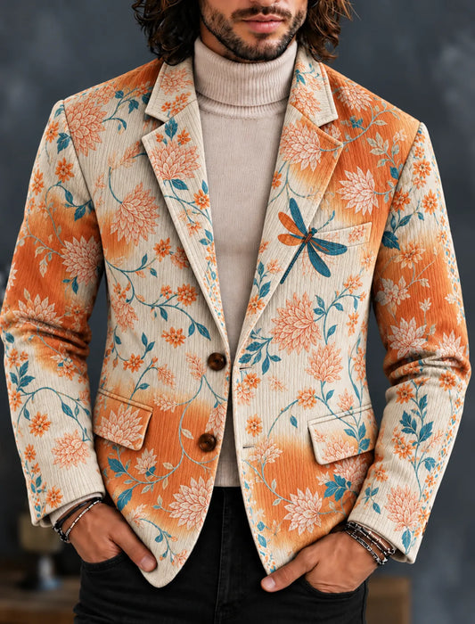 Men's Vintage Floral Art Print Casual Corduroy Blazer