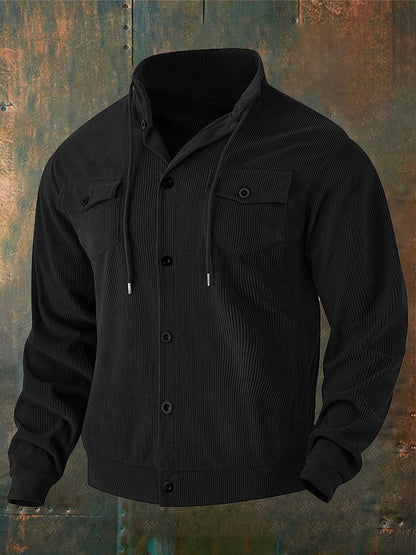 Men's Jacquard Stand Collar Solid Color Retro Multi-Pocket Jacket