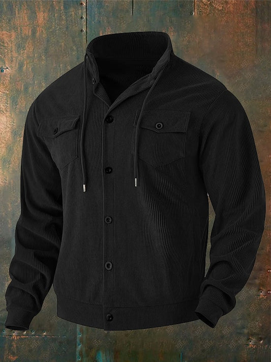 Men's Jacquard Stand Collar Solid Color Retro Multi-Pocket Jacket