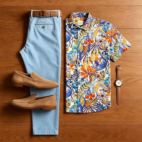 Men's Casual Style Colorful Flowers Print With Polo Collar Shirt & Pants Two-Piece Set