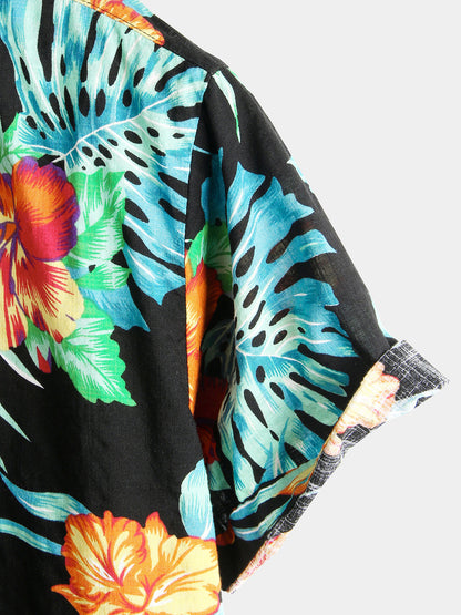 Men's Flower Tropical Hawaii Cotton Short Sleeve Shirt