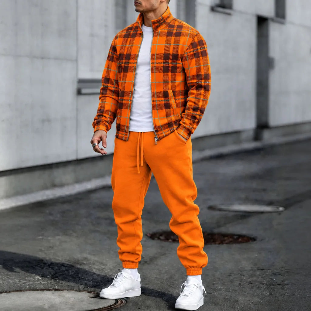 Men's Checkered Print Stand-Collar Jacket and Pants Set